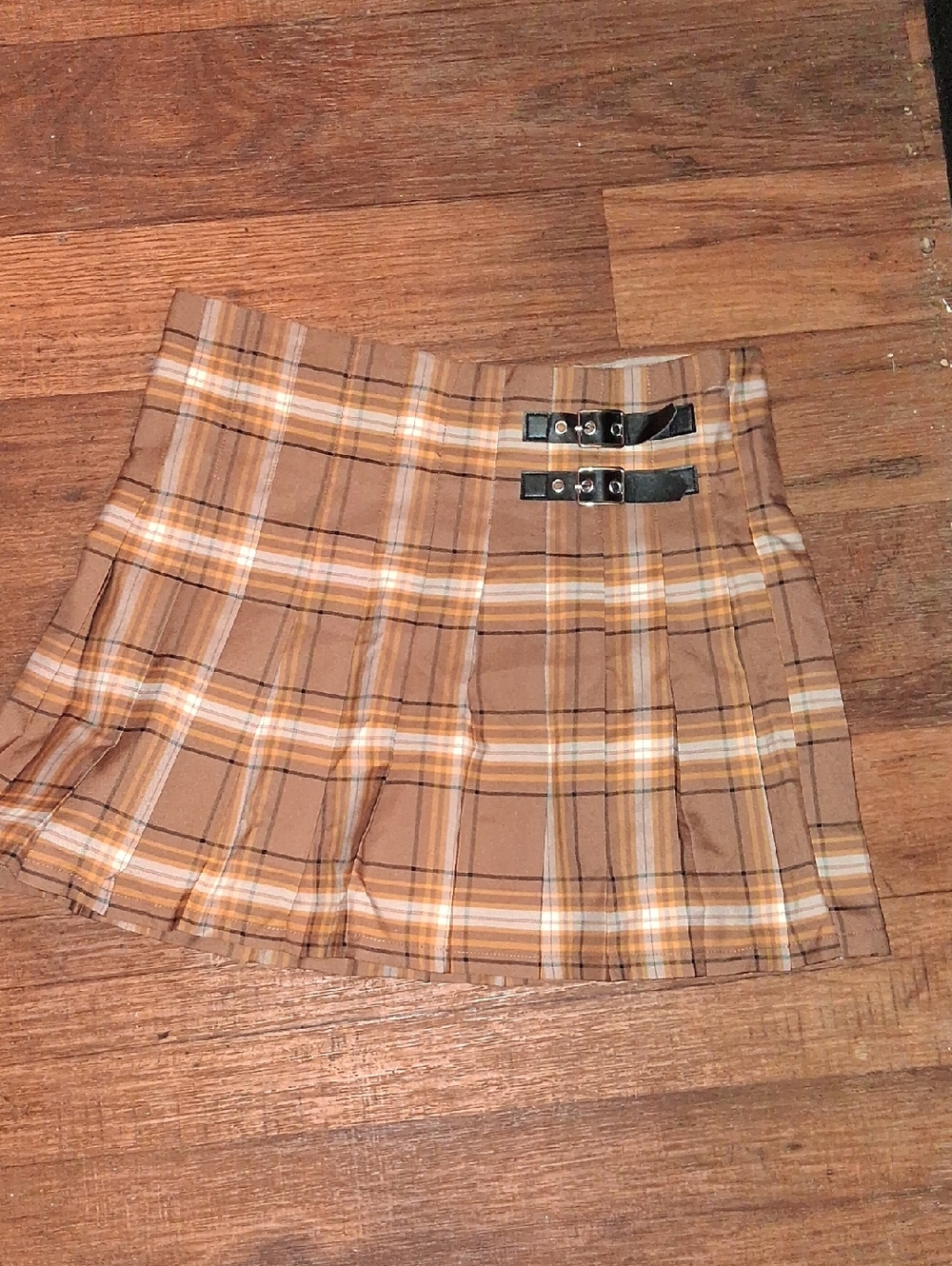 No Boundaries Brown Plaid Pleated Mini Skirt with Buckle Detail